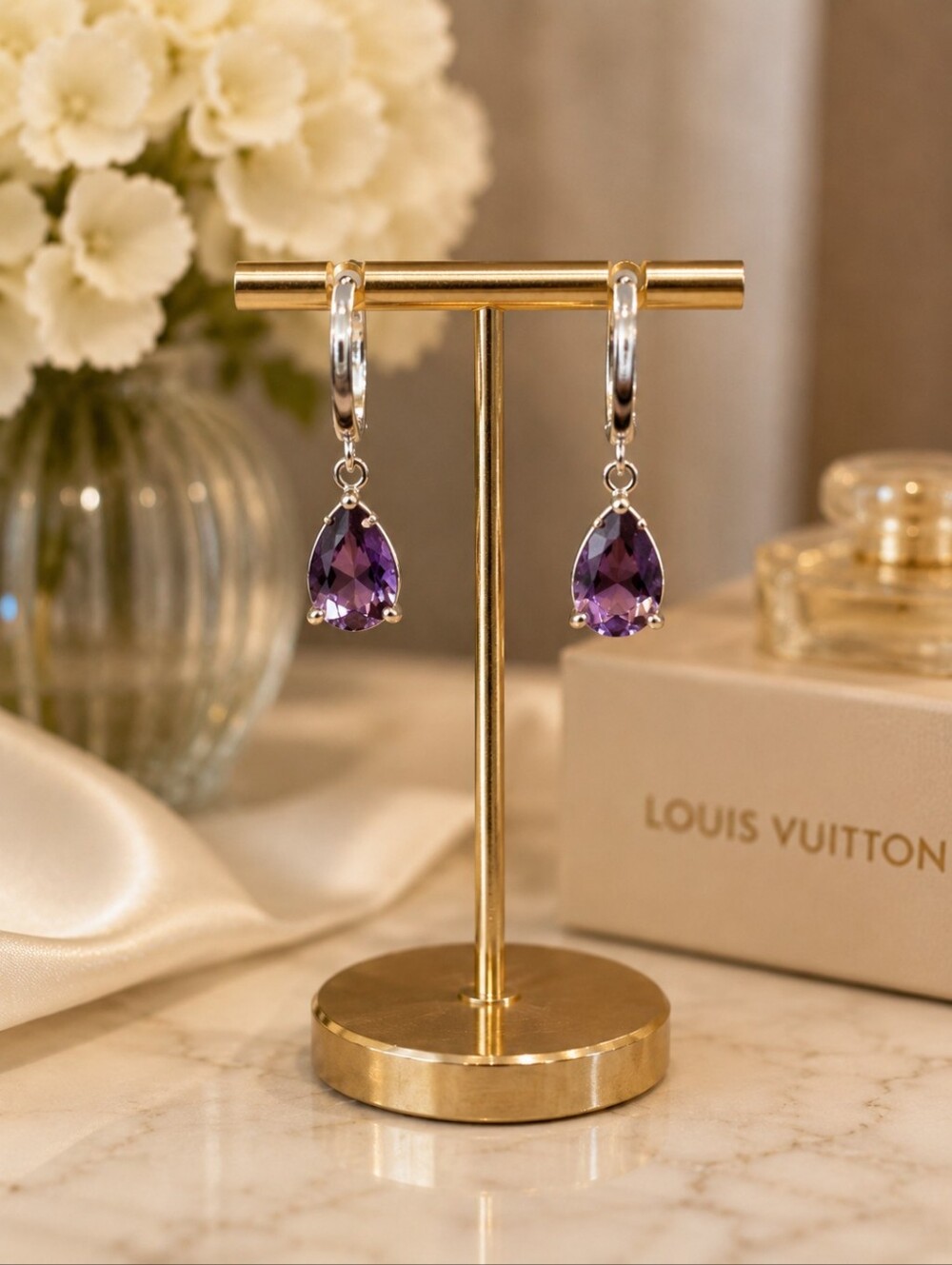 Purple Stone Teardrop Silver Tone Dangle Huggie Hoop Earrings